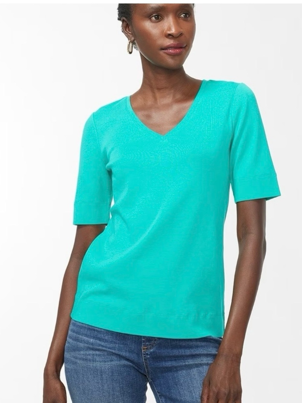 Chico's 100% Pima Cotton V-Neck Elbow Length Sleeve Top - Tropical Jade **NWT**